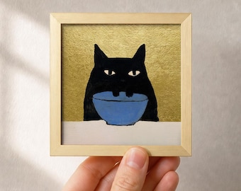 Cat Begging for Food Oil Painting, Original Small Gold Leaf Pet Artwork, Kitchen Wall Decor