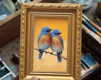 Kleines Original-Vogelpaar-Ölgemälde, handgemaltes wildes Tier, Wand-Kunst-Dekor, Valentinsgeschenk für Paar, 4X6 Goldrahmen Kunstwerk