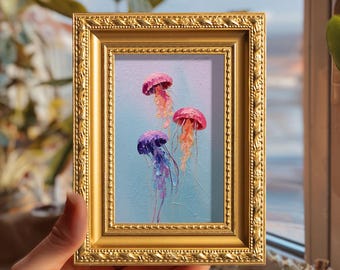 Small Colorful Jellyfish Oil Painting,  Original Hand Painted Sea Life,  Ocean Wall Art Decor, Coastal Marine Artwork, Christmas Gift