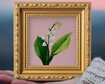 Original-Maiglöckchen Ölgemälde, kleine botanische Wandkunst, handgemachtes Leinwand Kunstwerk, Muttertagsgeschenk Dekor