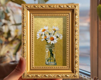 Original Still Life Daisy Oil Painting, Hand Painted Gold Leaf Floral Art, Small Framed Artwork Wall Decor, Gift for Mom Friend Her