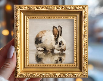 Kaninchen Reflection Original Ölgemälde, kleine gerahmte Wandkunst, handbemalte Leinwand, Kunst für Haus Galerie Dekor, Tierkunst, Geschenk für Kaninchenliebhaber