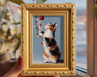 Mini Cat Oil Painting, Original Hand Painted Animal Art, Small Holiday Wall Decor, Custom Cat Portrait, Christmas Gift for Cat Lover