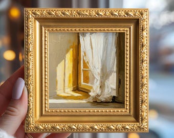 Still Life Sunlit Window Small Oil Painting, Mini Original Hand Painted Art, Gift for Mother, Kitchen Gallery Decor
