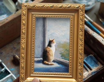 Small Cat Oil Painting, Original Hand Painted  Art, Modern Wall  Decor, Minimal Animal Artwork, Christmas Gift for Pet Lovers