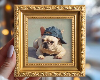 Small French Bulldog with Cap Oil Painting, Original Hand Painted Dog Artwork, Gift for Dogs Lover, Cozy Living Room Wall Art Decor