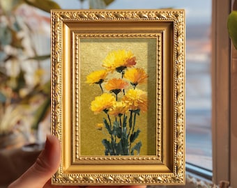 Small Hand Painted Yellow Flower Oil Painting Original Gold Leaf Still Life Art Framed Floral Wall Decor Mother’s Day Gift