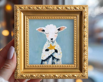 Originales Ölgemälde „Sternenlamm“, Wandbild mit kleinem Tiermotiv, handgemalte Leinwand, Kinderzimmerdekoration, Geschenk für Tierliebhaber
