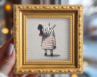 Small Funny Striped Zebra Original Oil Painting, Framed Wall Art, Hand Painted Canvas, Living Room Decor, Animal Art, Gift for Safari Lovers