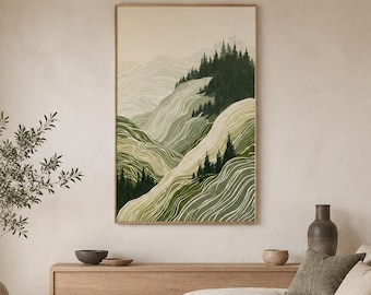 Pine Mountain Valley Oil Painting, Original Green Line Landscape, Large Canvas Art