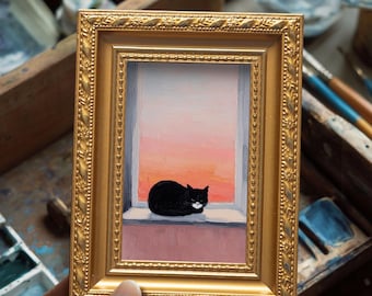 Small Black Cat Windowsill Oil Painting, Original Hand Painted Artwork, Custom Kitty Portrait, Home Wall Art, Birthday Gift for Pet Lover