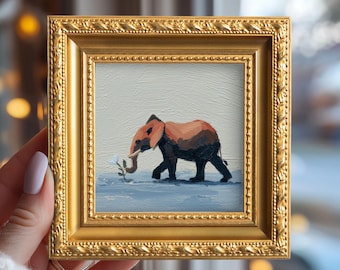 Small Original Elephant & Flower Oil Painting, Mini Hand Painted Animal, Whimsical Artwork, Living Room Wall Art, Gift For Friends