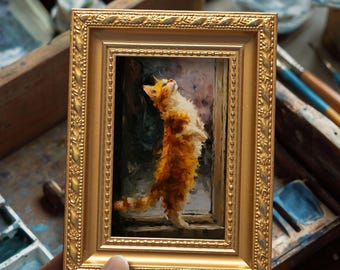 Small Standing Cat Oil Painting, Original Hand Painted Artwork, Custom Kitty Portrait,  Home Wall Art Decor, Christmas Gift for Pet Lover