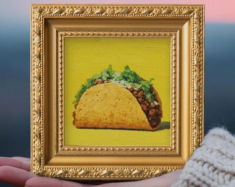 Still life Taco Oil Painting, Small Original Hand Painted Food, Mini Gold Framed Artwork, Gift for Foodies, Kitchen Wall Art Decor