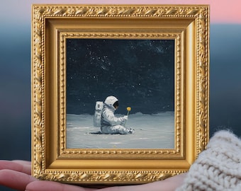 Small Astronaut Oil Painting, Original Hand Painted Moon Space, Dreamy Cosmic Artwork, Landscape Wall Art Decor, Christmas Gift For Friends