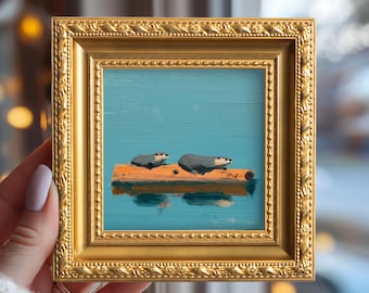 100% Original Hand Painted Otter Pair, Small Gold Framed Oil Painting, Cute Animal Wall Art Decor, Gift for Couple,