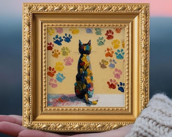 Small Artist Cat Oil Painting, Original Hand Painted Art, Cute Kitty Wall Decor, Custom Portrait, Christmas Gift for Pet Lover