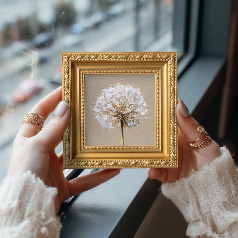 White Dandelion Original Oil Painting, Mini Framed Wall Art, Hand Painted Canvas, Botanical Decor image 4