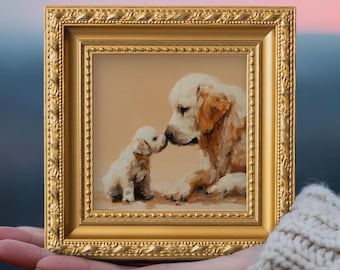 Small Golden Ret Mom & Kid Oil Painting, Original Hand Painted Dog, Dog Portrait, Living Room Gallery Wall Art, Mothers Day Gift