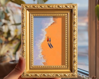 Original Beach Walk Oil Painting, Small Coastal Wall Art Decor, Hand Painted Gift for Couples, Shoreline Artwork, 4X6 Gold Frame