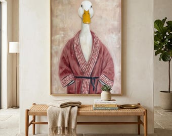 Goose Spa Day Oil Painting, Original Whimsical Artwork, Modern Folk Art, Large Wall Art, Statement Canvas Painting