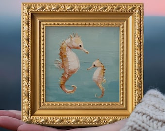 Seahorse & Kid Small Oil Painting, Original Hand Painted Ocean Art, Mothers Day Gift, Bathroom Gallery Wall Decor