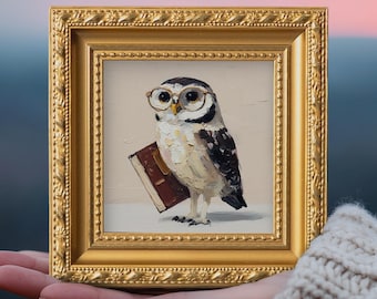 Buch Eule Original Ölgemälde, kleine gerahmte Wandkunst, handbemalte Leinwand, Arbeitszimmer Dekor, Geschenk für Naturliebhaber