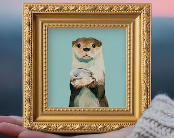 Austern Otter Original Ölgemälde, kleine Küsten Wandkunst, handbemalte Leinwand, Ozean Dekor, Geschenk für Naturliebhaber