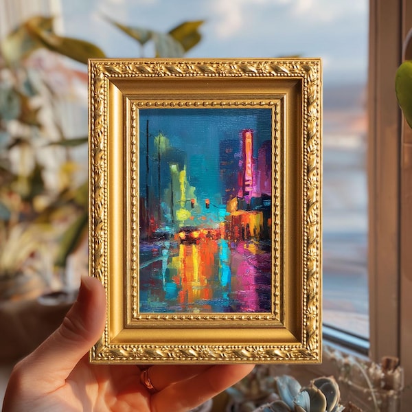 Original Neon Night Cityscape Oil Painting, Small Colorful Rainy Street Wall Decor, Hand Painted Vibrant Urban Lights Artwork Gift,