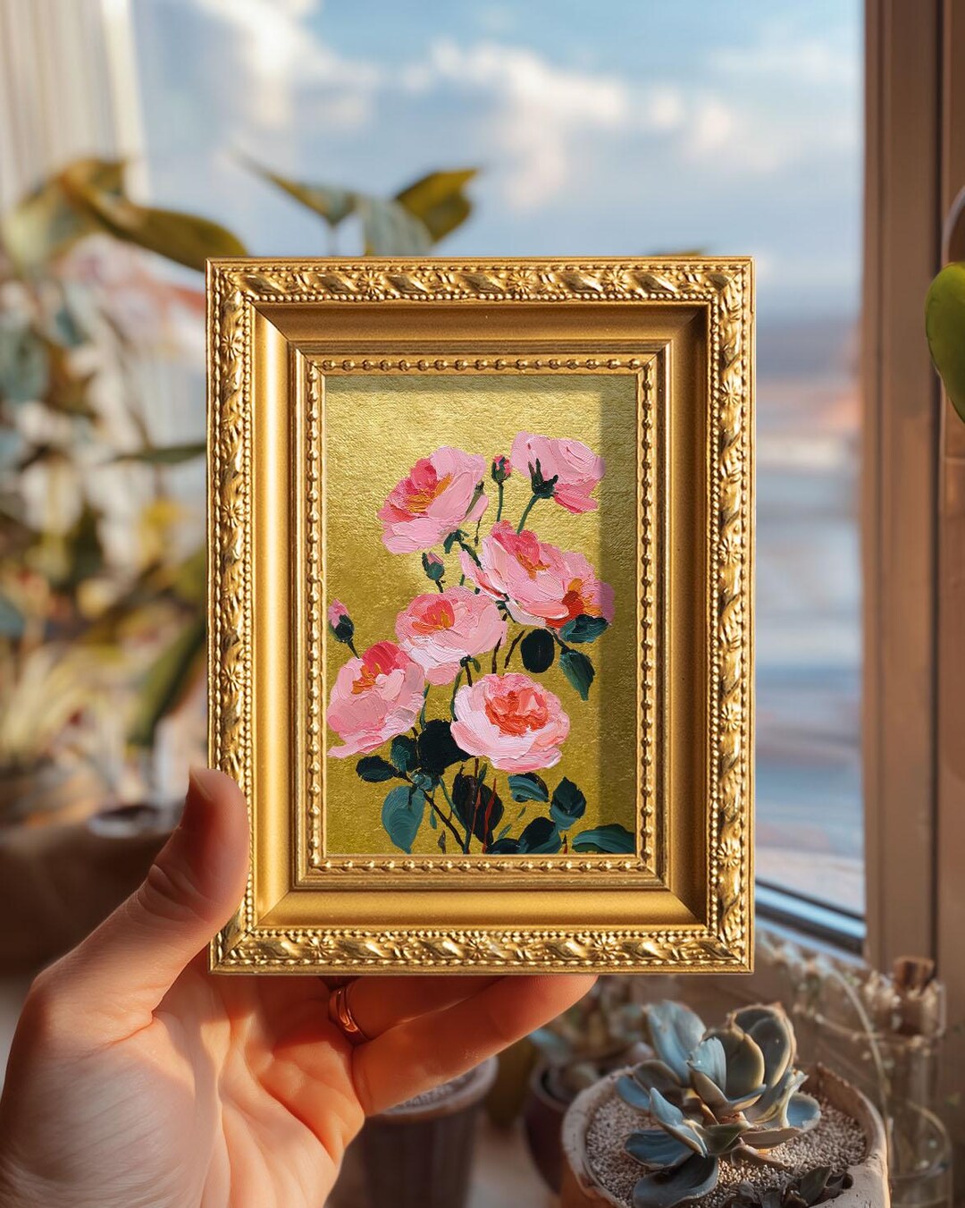 Mini Hand Painted Rose Oil Painting Original Gold Leaf Still Life ...