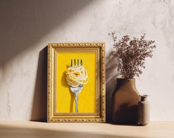 Pasta Fork Still Life Oil Painting, Small Framed Wall Art, Hand Painted Canvas, Kitchen Decor, Gift for Food Lovers