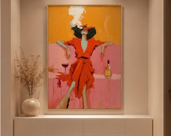 Woman Oil Painting, Original Unhurried Wine Hour Fashion Figure, Pink Orange Textured Large Wall Art