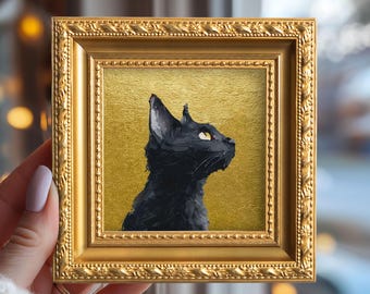 Small Black Cat Oil Painting, Original Hand Painted Animal, Gold Leaf, Cute Kitten Wall Art, Custom Portrait from Photo, Gift for Cats Lover