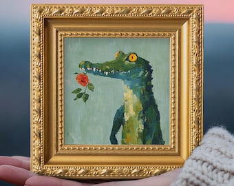Original Rosen Krokodil Ölgemälde, Kleintier Wandbild, handgemalte Leinwand, Wohnzimmer Dekor, Geschenk für Tierliebhaber