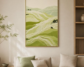Green Rolling Hills Oil Painting, Original Contour Line Landscape, Large Canvas Art