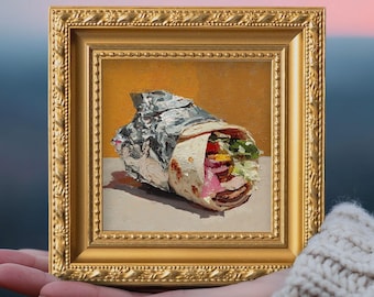 Pintura al óleo de burrito de bodegón, pequeña comida original pintada a mano, obra de arte enmarcada en oro, regalo para amantes de la comida, decoración de pared de cocina