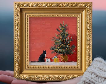 Weihnachtskatzen-Ölgemälde, kleine gerahmte Wandkunst, handbemalte Leinwand, Urlaub Dekor, Tierportrait, Geschenk für Katzenliebhaber