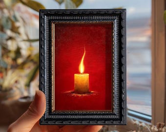 Still Life Oil Painting, Original Hand Painted Mini Artwork, Small Black Frame Wall Art Decor, Golden Candle, Christmas Gift for Friends