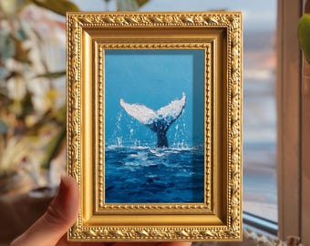 Mini Whale Tail Ölgemälde, ursprüngliche handgemalte Ozean Kunst, kleines blaues Meer Kunstwerk, moderne Küsten Wanddekor, Meeresleben Geschenk