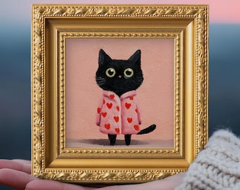 Small Black Cat Oil Painting, Original Hand Painted Kitty, Modern Wall Art Decor, Custom Portrait from Photo, Valentine Gift for Pet Lover