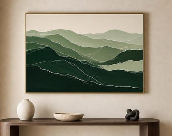 Layered Green Mountains Oil Painting, Original Minimal Landscape, Large Wall Art