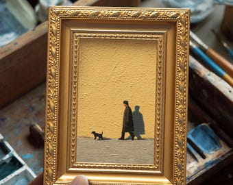 Small Man & Dog Walking Oil Painting, Original Hand Painted Puppy, Holiday Wall Art Decor,  Gift for Dogs Lovers