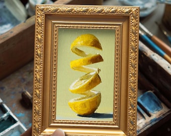 Small Original Lemon Oil Painting,  Hand Painted Artwork, Still Life Fruit, Modern Kitchen Wall Art Decor, Christmas Gift for Friends