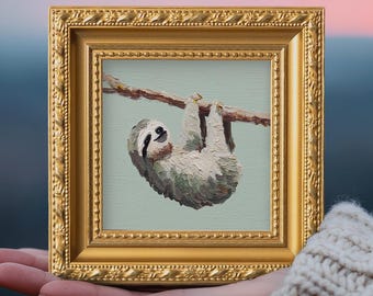 Original Sloth Oil Painting, Small Animal Wall Art, Handmade Canvas Artwork, Nature Decor Gift