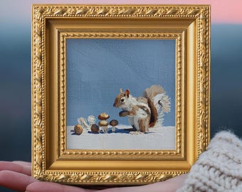Pequeña pintura al óleo, animal salvaje original pintado a mano, obra de arte con marco dorado, decoración de pared para el hogar, regalo para amigos, ardilla y productos forrajeros.