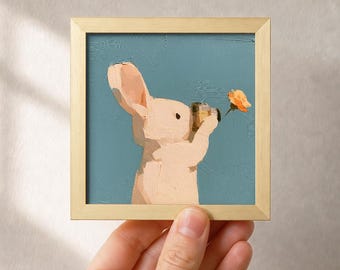 Creative Rabbit Oil Painting, Original Small Animal Art with a Camera, Office Decor