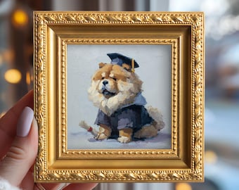 Graduation Chow Chow Oil Painting, Small Original Hand Painted Dog, Commission Portrait, Study Room Wall Art, Gift For Student & Dogs Mom