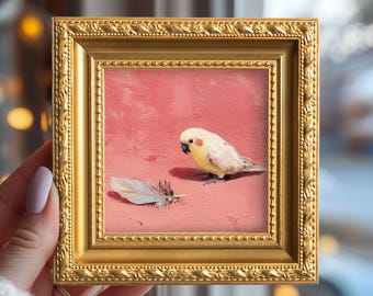 Cockatiel Feather Original Oil Painting, Small Bird Wall Art, Hand Painted Bird Canvas, Study Room Decor, Gift for Pet Owners
