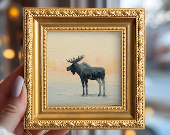 Small Original Moose in Winter Oil Painting, Mini Hand Painted Animal, Whimsical Artwork, Living Room Wall Art, Gift For Friends