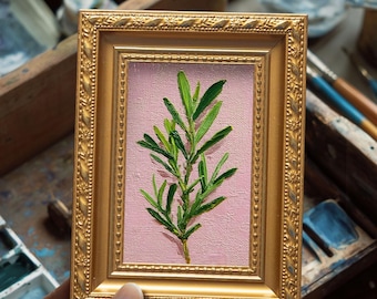 Mini Rosemary Oil Painting, Original Hand Painted Plant Art, Small Green Leaf Artwork, Modern Wall Decor, Minimalist Nature, Christmas Gift